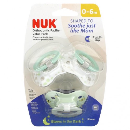 NUK, Orthodontic Pacifier Value Pack,, 0-6 Months, Green, 3 Pack