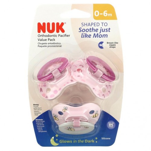 NUK, Orthodontic Pacifier Value Pack, 0-6 Months, Pink, 3 Pack