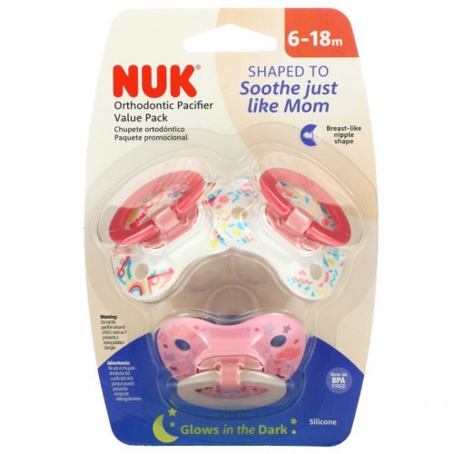 NUK, Orthodontic Pacifier Value Pack, 6-18 Months, Girl, 3 Pack