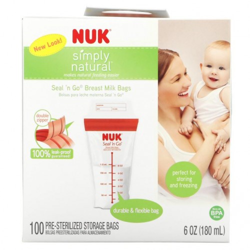 NUK, Seal 'n Go, 모유백, 살균처리 백 100개, 각 180ml(6oz) 용량
