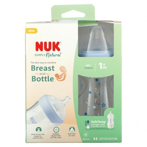 NUK, Simply Natural, Bottle, +1 Months, Medium, 2 Bottles, 9 oz (270 ml) Each