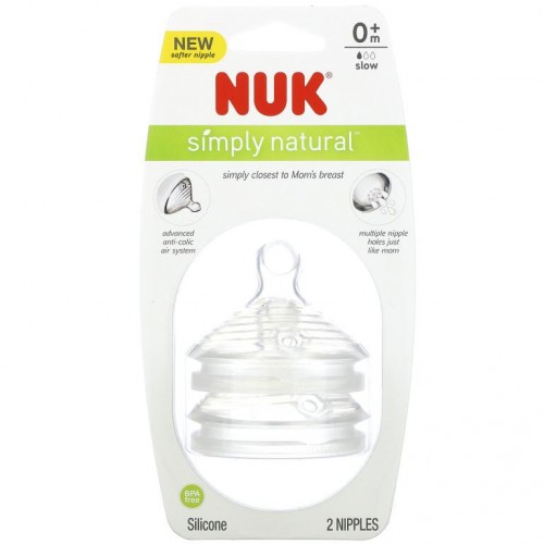 NUK, Simply Natural, Slow Flow Bottle Nipples, 0 + Months, 2 Nipples