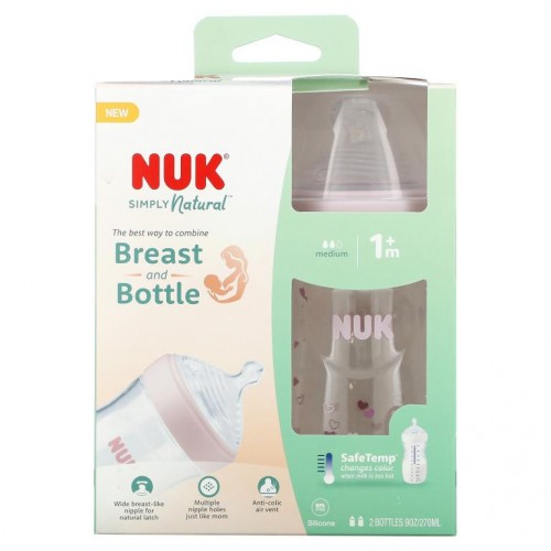 NUK, Simply Natural Baby Bottle, 1+ Months, Medium, Pink, 2 Bottles, 9 oz (270 ml) Each