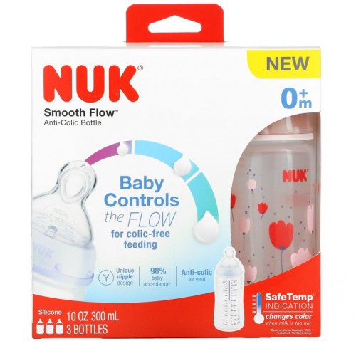 NUK, Smooth Flow, Anti-Colic Bottle, Pink, 0+ Months, 3 Bottles, 10 oz (300 ml)