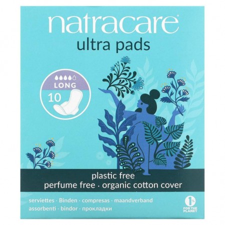 Natracare, 울트라 패드, 유기농 면 커버, 롱, 10개입