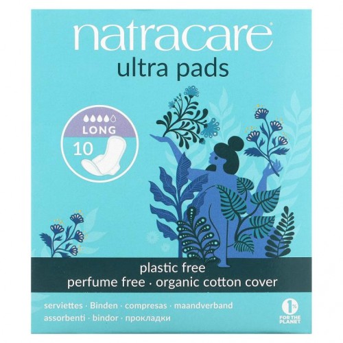 Natracare, 울트라 패드, 유기농 면 커버, 롱, 10개입