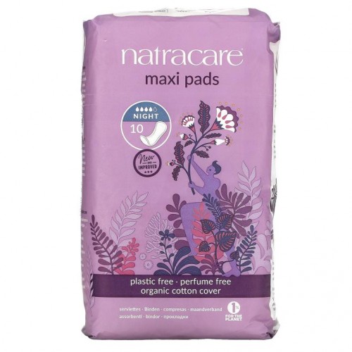 Natracare, 맥시 패드, 유기농 순면 커버, 나이트, 10개입