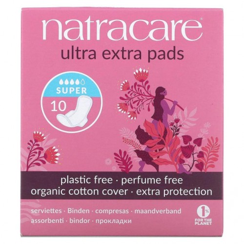 Natracare, 울트라 엑스트라 패드, 유기농 순면 커버, 슈퍼, 10개입