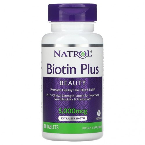 Natrol, 비오틴 플러스, 엑스트라 스트렝스, 5,000 mcg, 60정