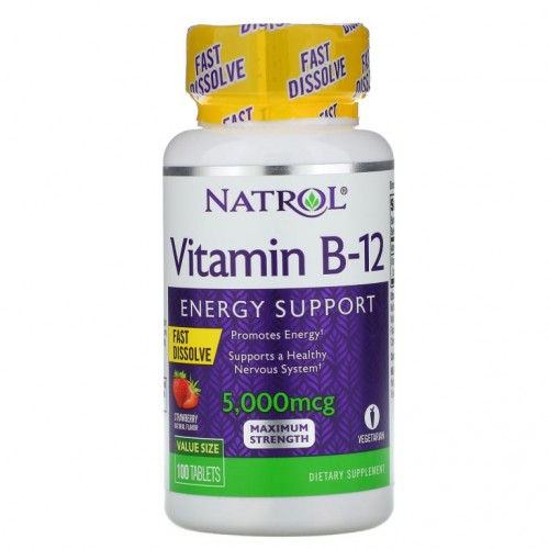 Natrol, 비타민 B-12, 빠른 용해, 최대 강도, 딸기, 5,000 mcg, 100 정