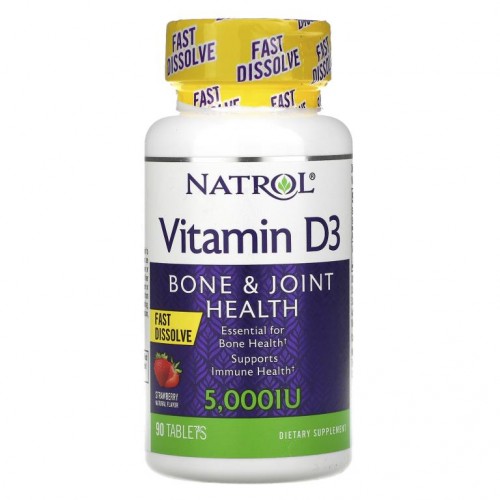Natrol, 비타민D3, 뼈 및 관절 건강 증진, 딸기, 5,000IU, 90정