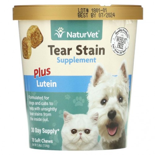 NaturVet, 눈물 자국, 루테인 함유, 반려견 및 반려묘용, 소프트 츄어블 70정