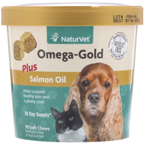NaturVet, Omega-Gold, 플러스 살몬 오일, 반려견 및 반려묘용, 90 소프트츄