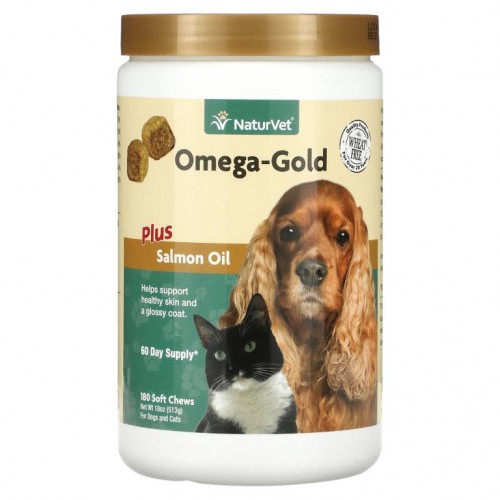 NaturVet, Omega-Gold Plus Salmon Oil, 개와 고양이용, 180 소프트 츄