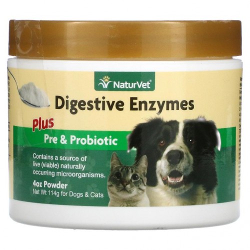 NaturVet, 다이제스티브 엔자임 플러스 프리 & 프로바이오틱, 반려견 및 반려묘용, 114g(4oz)