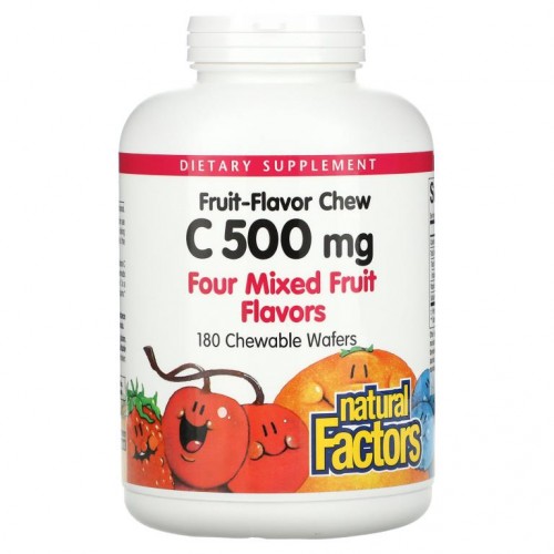 Natural Factors, 100% 천연 과일 츄어블 비타민C, 4가지 과일 맛 혼합, 500mg, 츄어블 웨이퍼 180개