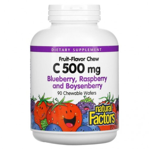 Natural Factors, 100% Natural Fruit Chew Vitamin C, Blueberry, Raspberry and Boysenberry, 500 mg, 90 Chewable Wafers