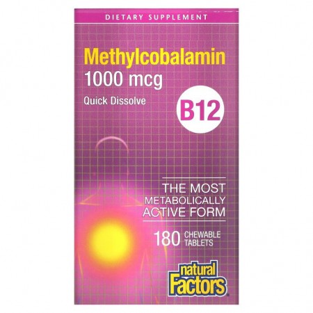 Natural Factors, B12, 메틸코발라민, 1,000mcg, 츄어블 180정