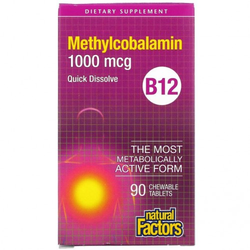 Natural Factors, B12, 메틸코발라민, 1,000mcg, 츄어블 90정