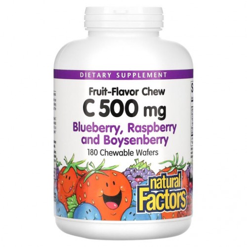 Natural Factors, 과일맛 츄 C, 블루베리, 라즈베리, 보이젠베리, 500mg, 츄어블 웨이퍼 180개