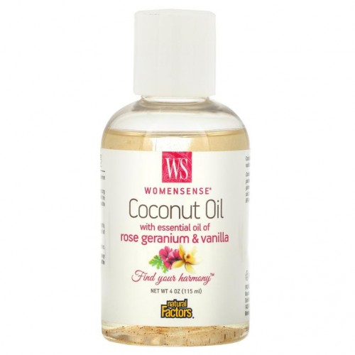 Natural Factors, WomenSense, 로즈제라늄 에센셜 오일 및 바닐라 함유 코코넛오일, 115ml(4oz)