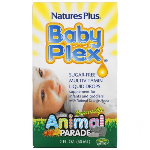 NaturesPlus, 소스 오브 라이프, 애니멀 퍼레이드, 베이비 플렉스, 슈거 프리 멀티비타민 리퀴드 드롭, 내추럴 오렌지 플래보, 2 액량 온스 (60 밀리리터)