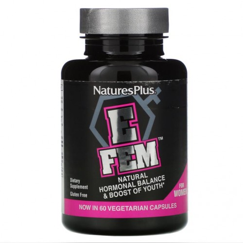 NaturesPlus, E Fem for Women, 자연 호르몬 균형 및 젊음을 위한 부스트, 60 식물성 캡슐