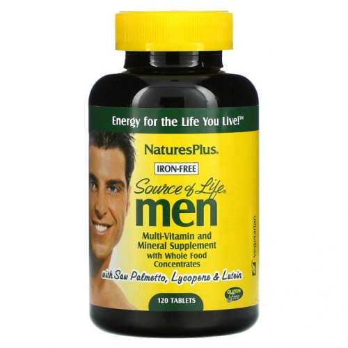 NaturesPlus, Source of Life, 남성, 전체적인 식품 농축 성분을 함유한 종합 비타민 보충제, 철분 무함유, 120 태블릿