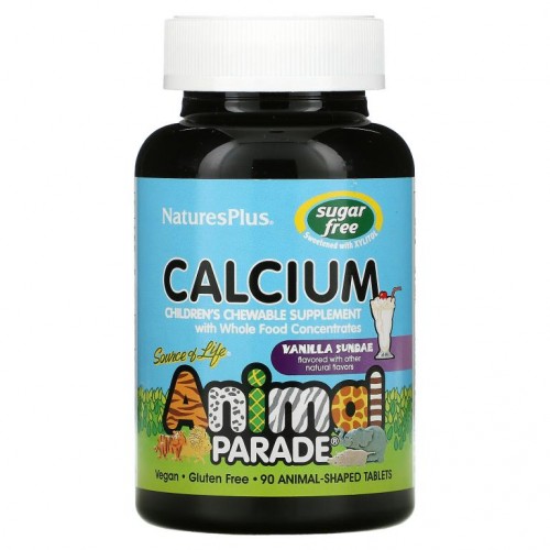 NaturesPlus, Source of Life, Animal Parade, 칼슘, 어린이용 츄어블 보충제, 설탕 무함유, 천연 바닐라 선데 맛, 동물모양 정제 90정