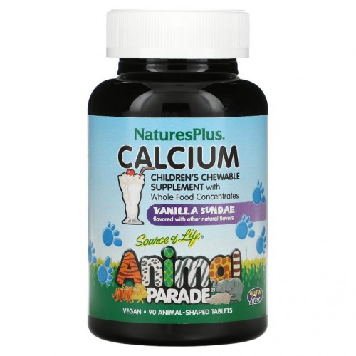 NaturesPlus, Source of Life, Animal Parade, 칼슘, 어린이용 츄어블 보충제, 바닐라 선데 맛, 동물 모양 90정