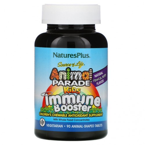 NaturesPlus, Source of Life, Animal Parade, 어린이용 이뮨 부스터, 천연 열대 베리 맛, 90개