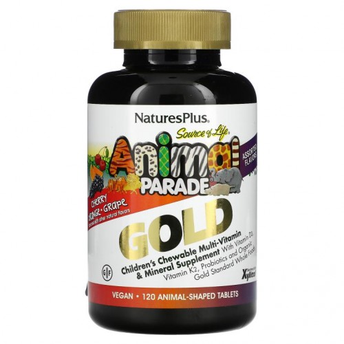 NaturesPlus, Source of Life, Animal Parade, 골드, 어린이용 츄어블 종합비타민 & 미네랄 보충제, 여러 가지 맛, 동물 모양 120정