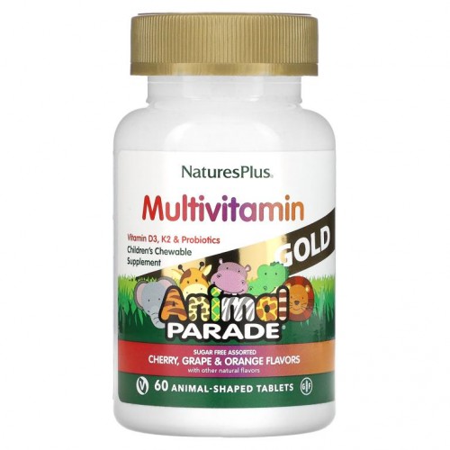 NaturesPlus, Source of Life, Animal Parade, 골드, 어린이용 츄어블 종합비타민 및 미네랄 보충제, 다양한 맛, 동물 모양 60정
