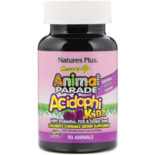 NaturesPlus, Source of Life, Animal Parade, AcidophiKidz, 어린이용 츄어블정, 천연 베리 맛, 동물 모양 90정