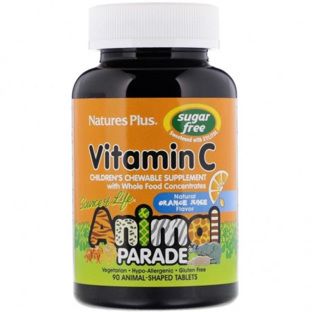 NaturesPlus, Source of Life, Animal Parade, 비타민C, 어린이용 츄어블 보충제, 설탕 무함유, 천연 오렌지 주스 맛, 동물 모양 90정