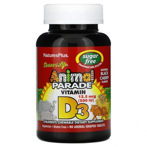 NaturesPlus, Source of Life, Animal Parade, 비타민D3, 무설탕, 천연 블랙 체리, 12.5mcg(500IU), 동물 모양 정제 90정