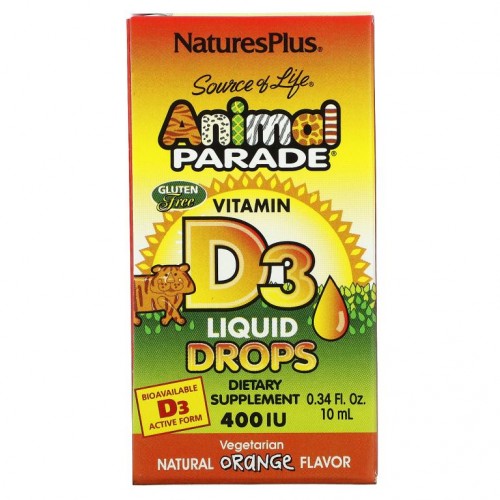 NaturesPlus, Source of Life, Animal Parade, 비타민D3 액상 드롭, 천연 오렌지, 400IU, 10ml(0.34fl oz)