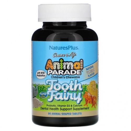NaturesPlus, Source of Life, Animal Parade, 어린이용 츄어블 Tooth Fairy 프로바이오틱 M18 프로바이오틱 함유, 천연 바닐라 맛, 동물 모양 90정