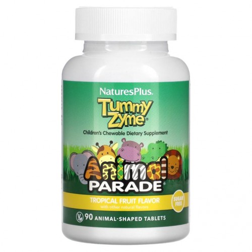 NaturesPlus, Source of Life, Animal Parade, Tummy Zyme with Active Enzymes, 천연 식품 및 프로바이오틱스, 천연 열대 과일향, 동물 모양 정제 90정