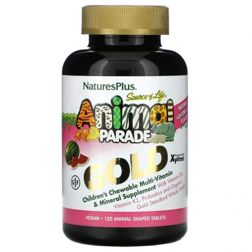 NaturesPlus, Source of Life, Animal Parade 골드, 어린이용 츄어블 종합비타민 & 미네랄 보충제, 천연 수박맛, 동물 모양 정제 120정