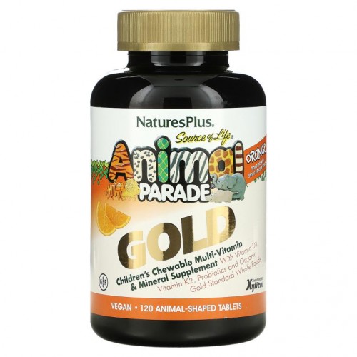 NaturesPlus, Source of Life, Animal Parade 골드, 어린이용 츄어블 종합비타민 & 미네랄 보충제, 내추럴 오렌지 맛, 동물 모양 정제 120정