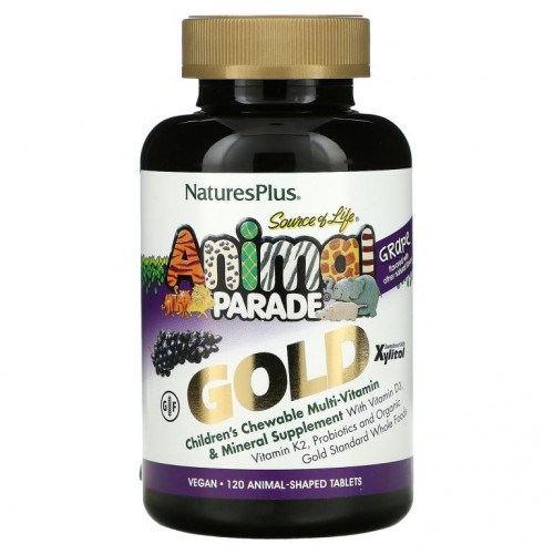 NaturesPlus, Source of Life, Animal Parade 골드, 어린이용 츄어블 종합 비타민 및 미네랄 보충제, 천연 포도향, 동물 모양 정제 120정