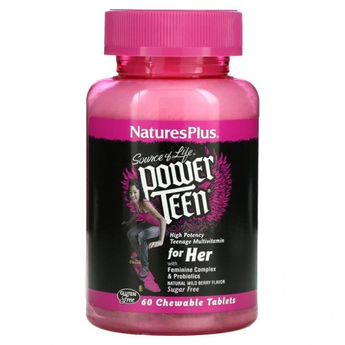 NaturesPlus, Source of Life, Power Teen, 여성용, 무설탕, 천연 산딸기 향, 츄어블 정 60정