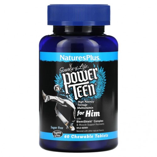NaturesPlus, Source of Life, Power Teen, 남아용, 천연 야생 베리, 츄어블 60정