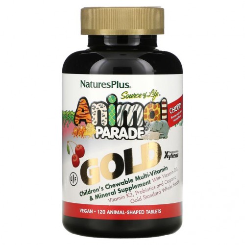 NaturesPlus, Source of Life Animal Parade Gold, 어린이용 츄어블 종합비타민 및 미네랄 보충제, 천연 맛, 동물 모양 정제 120정