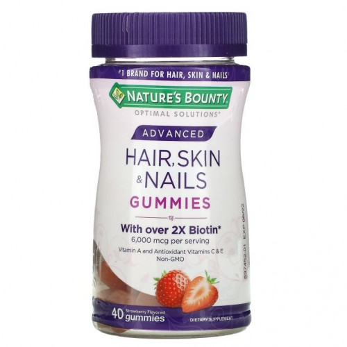 Nature's Bounty, Advanced, Hair, 모발, 피부 & 손발톱 건강 지원 구미, 딸기, 3,000mcg, 구미 40개