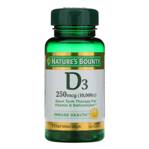 Nature's Bounty, D3, 250 mcg (10,000 IU), 72 급속 방출 소프트젤