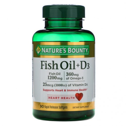Nature's Bounty, 피시 오일 + D3, 90 속효성 소프트젤
