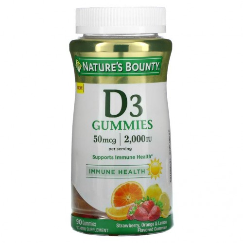 Nature's Bounty, 비타민D3 구미젤리, 딸기, 오렌지, 레몬 맛, 25mcg(1,000IU), 구미젤리 90개