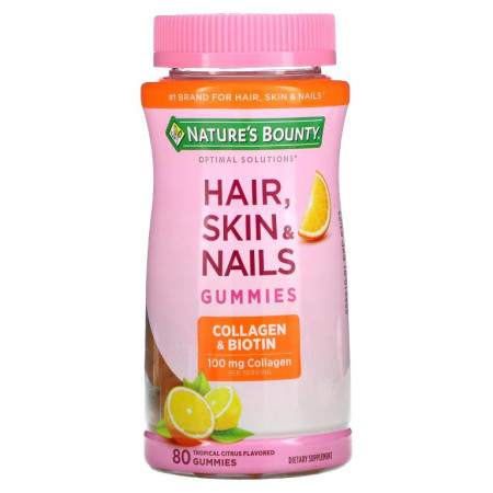Nature's Bounty, Optimal Solutions, 모발, 피부, 발톱, 콜라겐 및 비오틴 함유, 트로피컬 시트러스, 구미젤리 80개